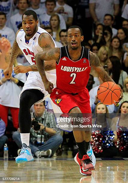 Louisville Cardinals guard Russ Smith during an NCAA basketball game between the Southern Methodist Mustangs and Louisville Cardinals played at Moody...
