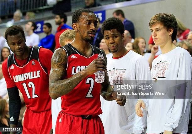 Louisville Cardinals guard Russ Smith ill on bench during an NCAA basketball game between the Southern Methodist Mustangs and Louisville Cardinals...