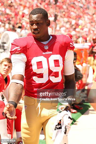 San Francisco 49ers linebacker Aldon Smith during an NFL preseason game between the Forty Niners and the Denver Broncos at Levi's Stadium in Santa...