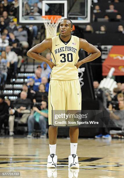 Wake Forest Demon Deacons forward Travis McKie stands on the far end of the court during free throws at the Lawrence Joel Veterans Memorial Coliseum...