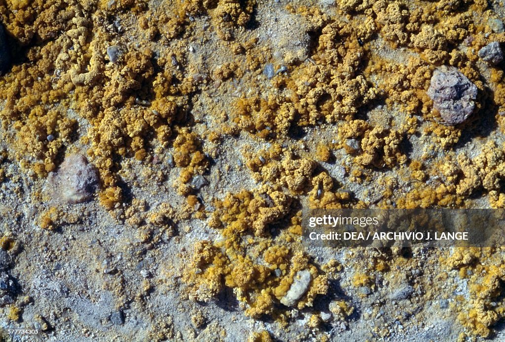 Sulfur crystals near a fumarole, Nisyros island...