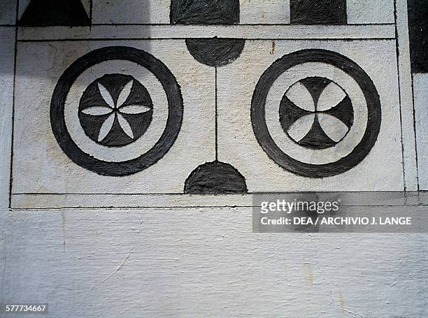 Traditional decoration on the facade of a house, Pyrgi, Chios island, Greece.