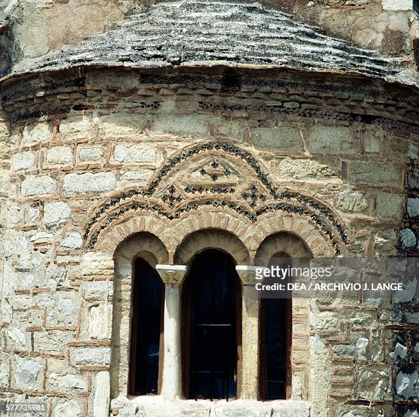 Triple lancet window, Agios Apostoli church at Pyrgi, Chios Island. Greece, 14th century.