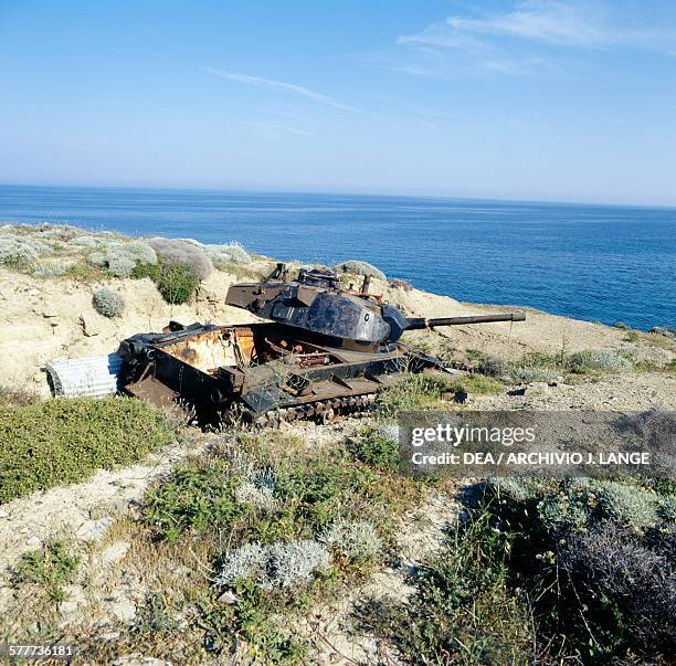 An M24 tank, made in the United States of America, abandoned along the coast, Lemnos island, Greece.