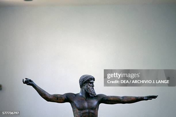 Bronze statue of Zeus or Poseidon, 460 BC, found off Cape Artemisium in Euboea, Greece. Greek civilisation, 5th century BC. Detail. Athens, Ethnikó...