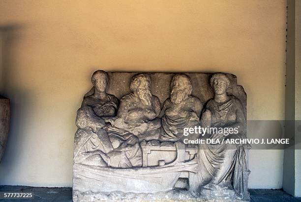 Relief depicting Charon ferrying the dead, Lysimachus' tomb in the Kerameikos, Athens, Greece. Greek civilisation, 4th century BC. Atene, Museo Del...