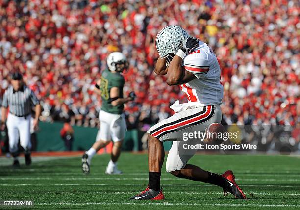 Ohio State Anderson Russell reacts after missing a pickoff opportunity during the Rose Bowl game between the Ohio State Buckeyes and the Oregon Ducks...