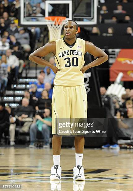 Wake Forest Demon Deacons forward Travis McKie stands on the far end of the court during free throws at the Lawrence Joel Veterans Memorial Coliseum...