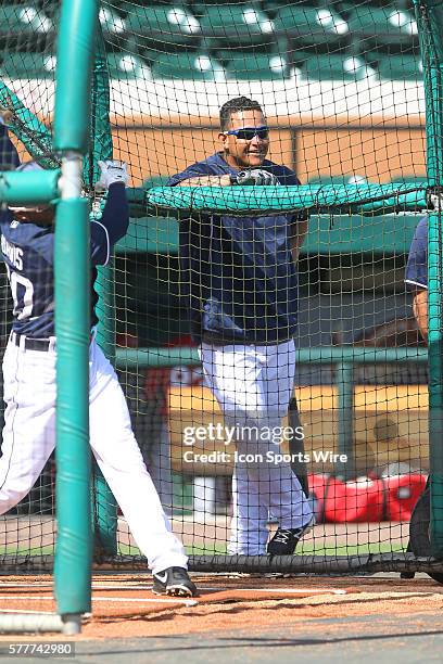 Miguel Cabrera of the Tigers leans on the batting cage before the spring training game between the St. Louis Cardinals and the Detroit Tigers at...