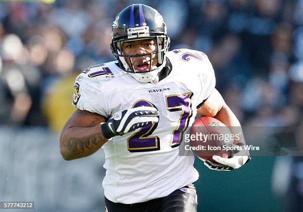 Ravens Ray Rice runs the ball up the field as the Ravens beat the Raiders 21-13 at Oakland-Alameda County Stadium in Oakland, California.