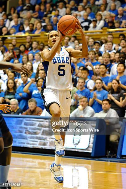 Duke guard Jasmine Thomas goes to the hoop during the first half of a game between the Connecticut Huskies and the Duke Blue Devils at Cameron Indoor...