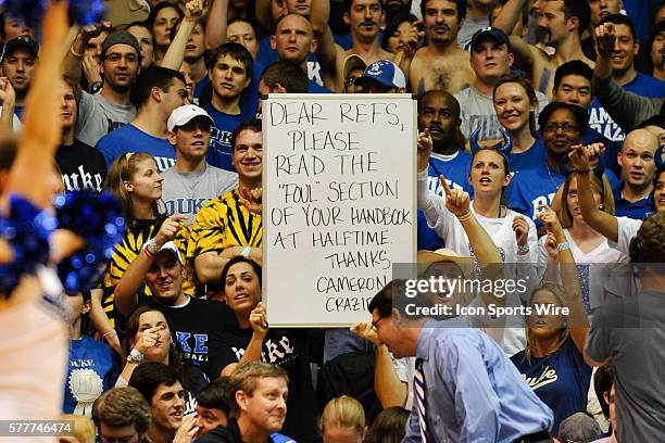 Cameron Crazy holds up a sign during a game between the Wake Forest Demon Deacons and the Duke Blue Devils at Cameron Indoor Stadium in Durham, North...