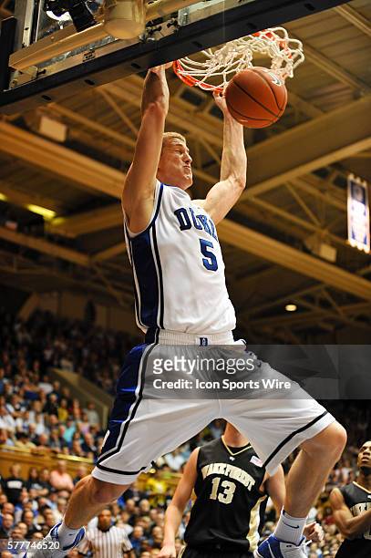 Duke forward Mason Plumlee dunks the ball during a game between the Wake Forest Demon Deacons and the Duke Blue Devils at Cameron Indoor Stadium in...