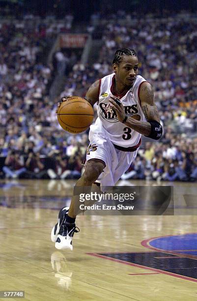 Allen Iverson of the Philadephia 76ers drives to the basket against the Los Angeles Lakers in game four of the NBA Finals at the First Union Center...
