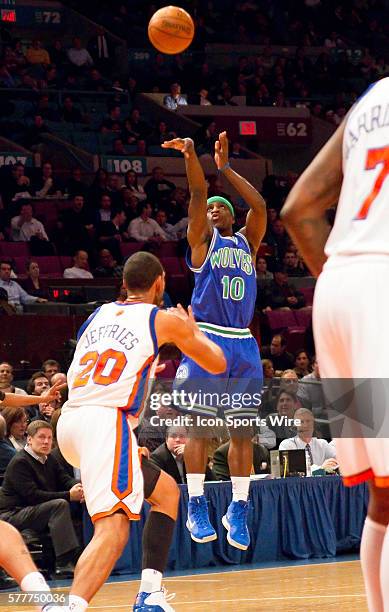 Minnesota guard Jonny Flynn fires jump shot during game between the Minnesota Timberwolves and the New York Knicks at Madison Square Garden in New...