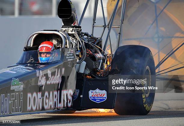 Racing. 50th running of the Kragen O'Reilly NHRA Winternationals at historic Auto Club Raceway at Pomona in Pomona, CA. Top Fuel qualifying. At left...