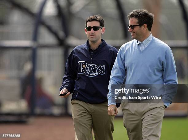 President Matthew Silverman and Principal Owner Stuart Sternberg of the Rays stroll around the fields during the spring training practice at the...