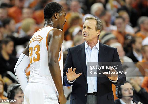 University of Texas Longhorns Head Basketball Coach Rick Barnes talks to University of Texas Longhorns Guard Jordan Hamilton during a Big 12...