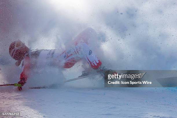 March 10, 2010: Elizabeth Goergl crashes out of the race on the Kandahar course during the downhill race at the Audi FIS Alpine Skiing World Cup...
