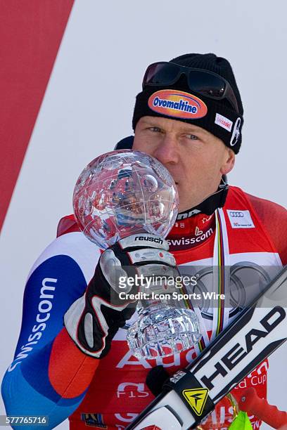 March 10, 2010: Didier Cuche winner of the overall standings for the downhill competition of the Audi FIS Alpine Skiing World Cup at the finale to...