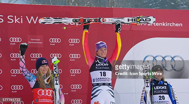 March 10, 2010: Lindsey Vonn 2nd Maria Reisch winner and Anja Paerson thrid on the podium for the downhill race at the Audi FIS Alpine Skiing World...