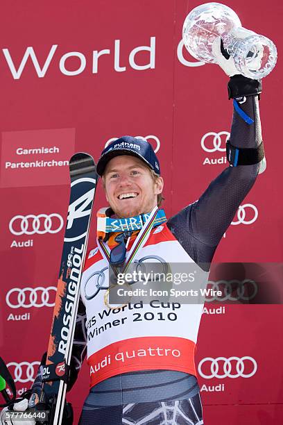 March 12, 2010: Ted Ligety with the crystal globe for the overall giant slalom title during the medal award ceremony at the Audi FIS Alpine Skiing...