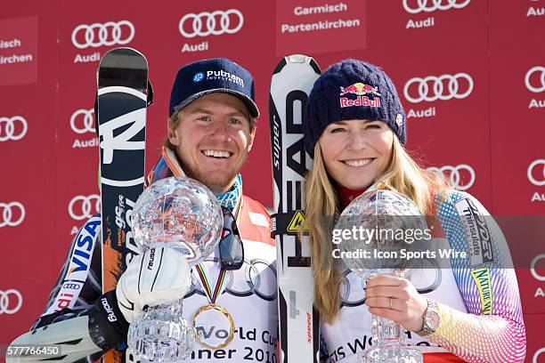 March 12, 2010: Ted Ligety, and Lindsey Vonn with their crystal globes during the medal award ceremony at the Audi FIS Alpine Skiing World Cup Finals...