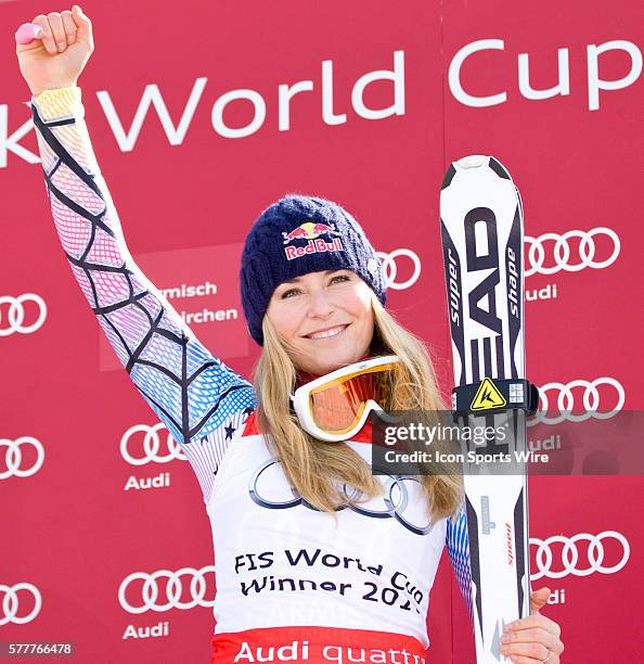 March 12, 2010: Lindsey Vonn winner of the Super G race during the medal award ceremony at the Audi FIS Alpine Skiing World Cup Finals the finale to...