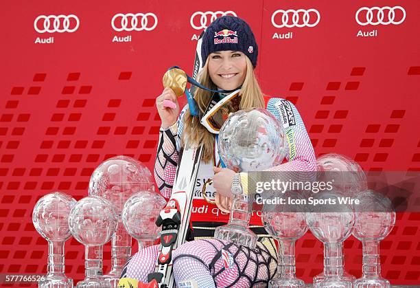 March 13, 2010: Lindsey Vonn with a collection of trophys and an olympic gold medal that she has won in recent seasons. At the Audi FIS Alpine Skiing...