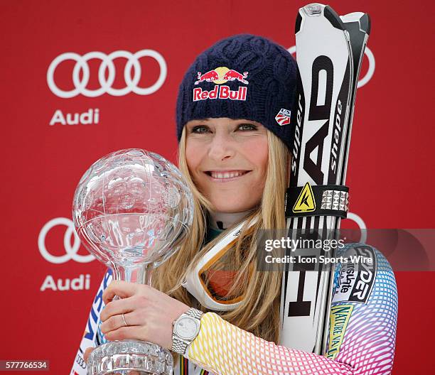 March 13, 2010: Lindsey Vonn with the crystal globe after winning the overall combined title at the Audi FIS Alpine Skiing World Cup Finals the...