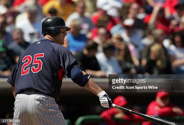 Jim Thome of the Twins stands at the plate as the Philadelphia Phillies host the Tampa Bay Rays in Grapefruit League action during Spring Training at...