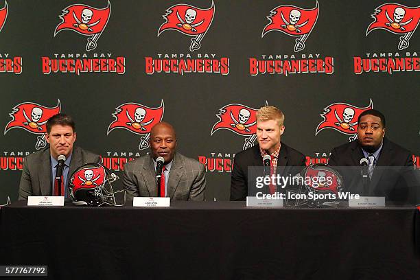 General Manager Jason Licht, Head Coach Lovie Smith, quarterback Josh McCown and left tackle Anthony Collins during the press conference at One...