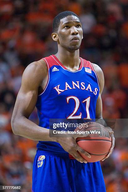 Kansas Jayhawks center Joel Embiid during the NCAA basketball Big 12 Conference game between the Kansas Jayhawks and the Oklahoma State Cowboys at...