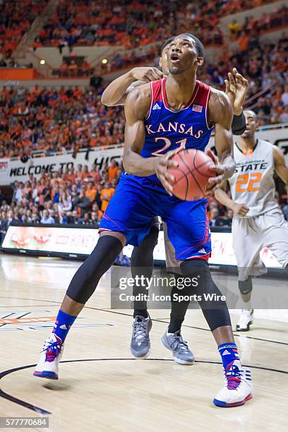 Kansas Jayhawks center Joel Embiid during the NCAA basketball Big 12 Conference game between the Kansas Jayhawks and the Oklahoma State Cowboys at...