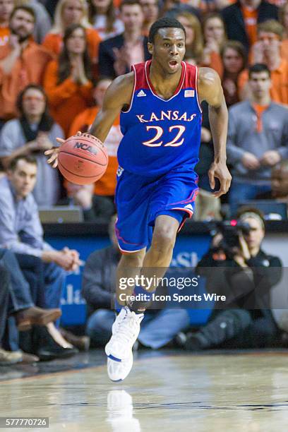 Kansas Jayhawks guard Andrew Wiggins during the NCAA basketball Big 12 Conference game between the Kansas Jayhawks and the Oklahoma State Cowboys at...