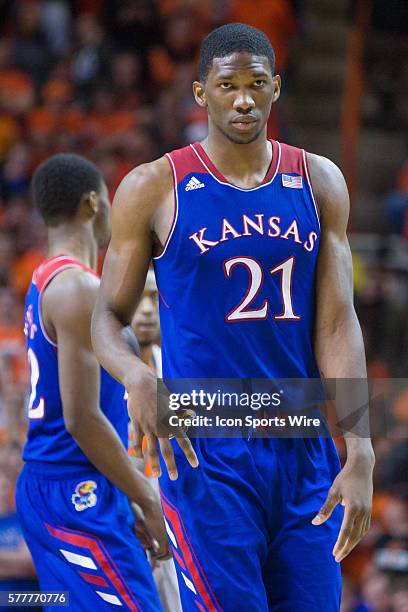 Kansas Jayhawks center Joel Embiid during the NCAA basketball Big 12 Conference game between the Kansas Jayhawks and the Oklahoma State Cowboys at...