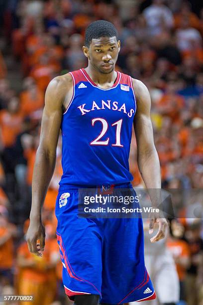Kansas Jayhawks center Joel Embiid during the NCAA basketball Big 12 Conference game between the Kansas Jayhawks and the Oklahoma State Cowboys at...