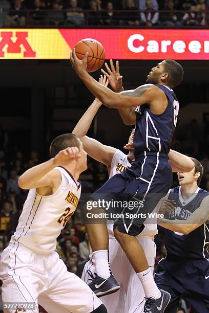 March 9 Nittany Lions guard D.J. Newbill drives the lane against Minnesota forward Joey King and center Elliott Eliason during the first half at the...