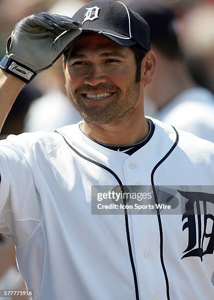 Johnny Damon of the Tigers smiles for the fans as the Detroit Tigers face the visiting Baltimore Orioles in Grapefruit League action during Spring...