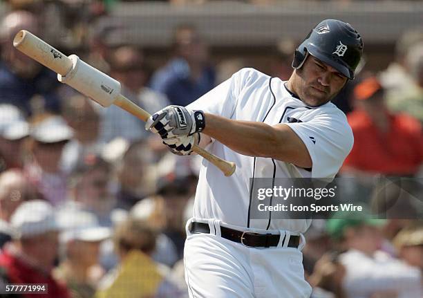 Johnny Damon of the Tigers stretches in the on deck circle as the Detroit Tigers face the visiting Baltimore Orioles in Grapefruit League action...