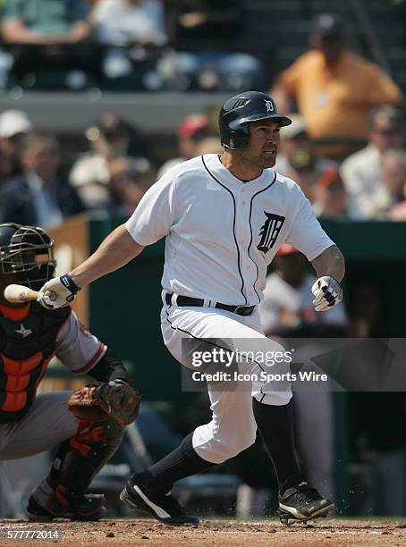 Johnny Damon of the Tigers in action as the Detroit Tigers face the visiting Baltimore Orioles in Grapefruit League action during Spring Training at...