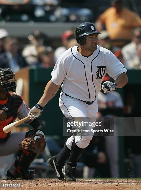 Johnny Damon of the Tigers in action as the Detroit Tigers face the visiting Baltimore Orioles in Grapefruit League action during Spring Training at...