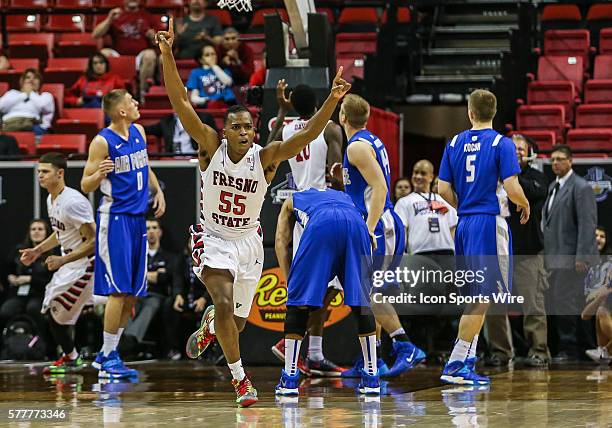 Fresno State Bulldogs guard Allen Huddleston celebrates the Fresno State Bulldogs come back win at the end of the game between Air Force Falcons and...