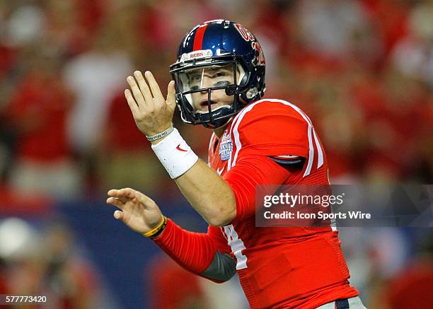 Mississippi Rebels quarterback Bo Wallace in first half action of the Ole Miss Rebels v Boise State Broncos in the Chick-Fil-A kickoff game at the...