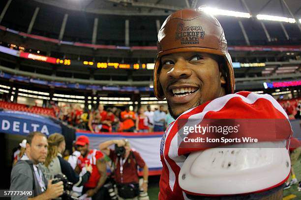 Mississippi Rebels running back I'Tavius Mathers celebrates with the Old Leather Helmet in the Ole Miss Rebels 35-13 victory over the Boise State...