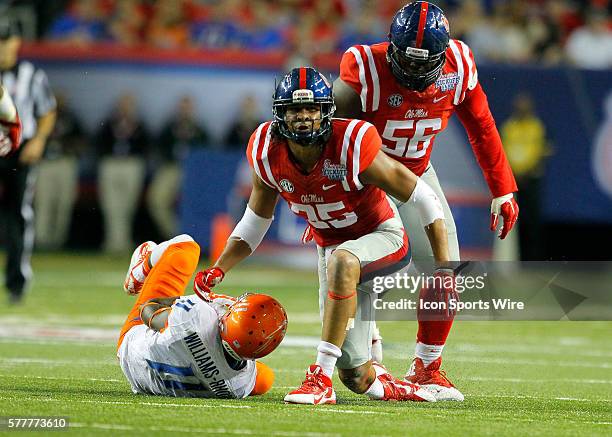 Mississippi Rebels defensive back Cody Prewitt makes the hit on Boise State Broncos wide receiver Shane Williams-Rhodes in the Ole Miss Rebels 35-13...