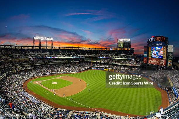 General view of Citi Field as the sun sets behind the stadium during the Philadelphia Phillies versus the New York Mets, at Citi Field in Flushing,...