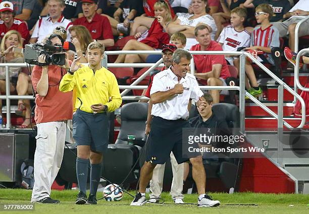 Maryland coach Sasho Cirovski is furious after Tsubasa Endoh is ejected from the game with a red card during a NCAA soccer match at Lynn Stadium, in...