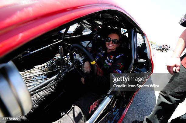 Erica Enders Ford Mustang NHRA Pro Stock driver prepares for the first round of qualifying in the 11th Annual SummitRacing.com Nationals on The Strip...