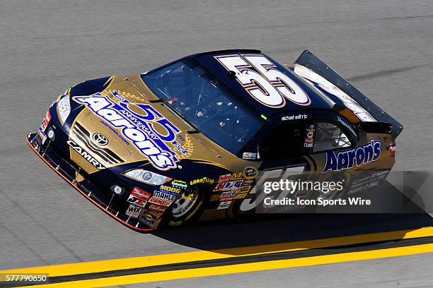 Michael Waltrip Michael Waltrip Racing MWR Toyota Camry practices for the Aarons 499 NASCAR Sprint Cup Series race at Talladega Superspeedway in...